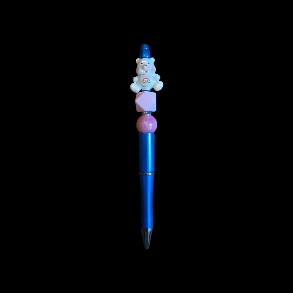 Handmade Beaded Pen Rainbow CareBear Focal Blue Metallic Stationery Gift